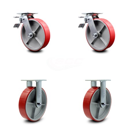 Service Caster 8 Inch Red Poly on Cast Iron Caster Set with Roller Bearings 2 Brakes 2 Rigid SCC-TTL30S820-PUR-RS-2-R-2